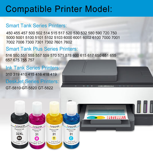 ANKINK Compatible HP 31 32XL Combo Pack Ink Bottle Set(140ML Black /100ML CMY)4 PACK