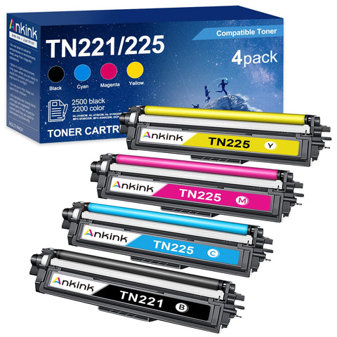 ANKINK TN225 TN221 Toner Cartridge Replacement for Brother TN 221 225 BK/C/M/Y to Use with HL-3140CW HL-3150CW HL-3170CDW HL-3180CDW MFC-9130CW MFC-9330CDW MFC-9340CDW Black Cyan Magenta Yellow 4 Pack
