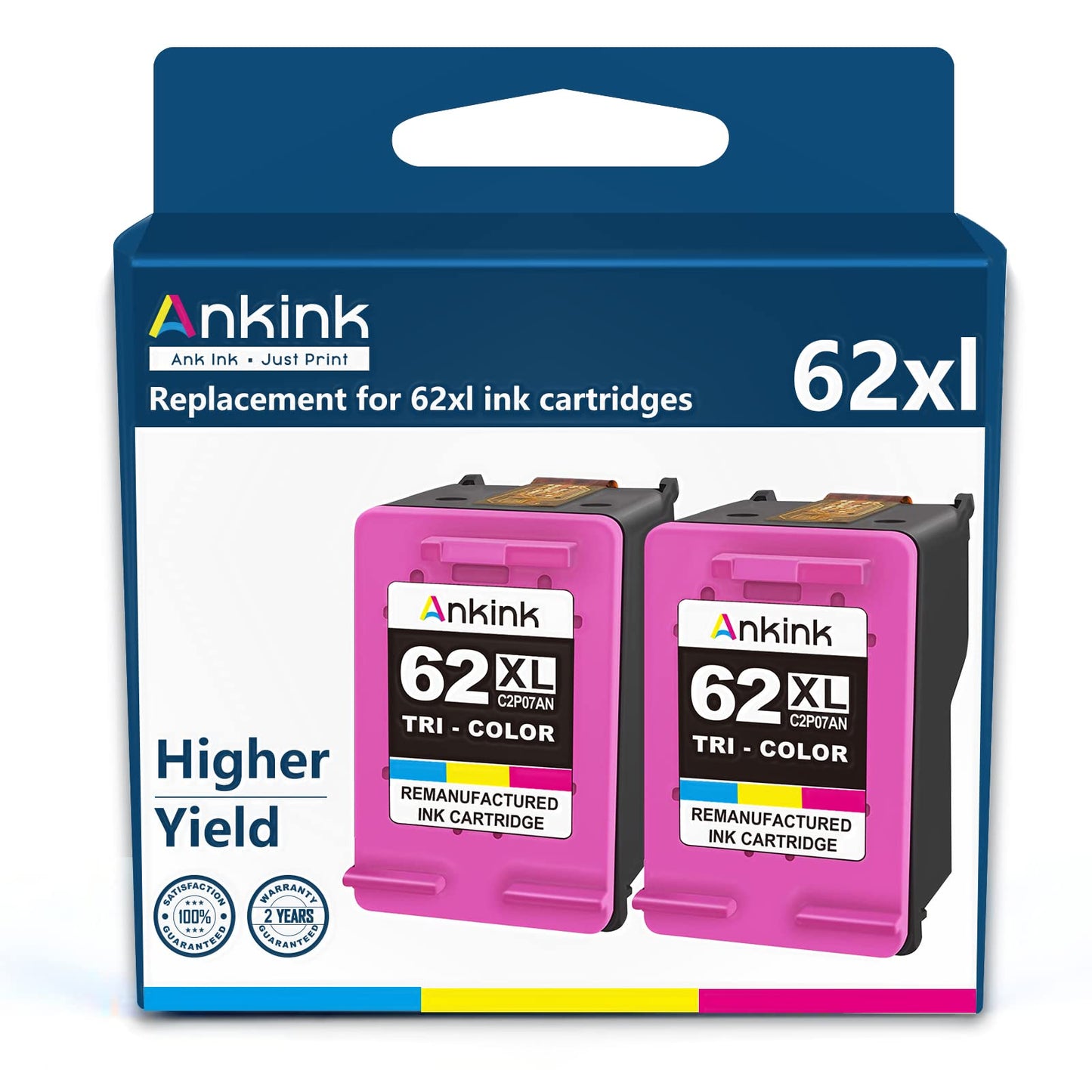 ANKINK compatible Higher Yield HP 62 XL Color Ink Cartridges, 2 PACK