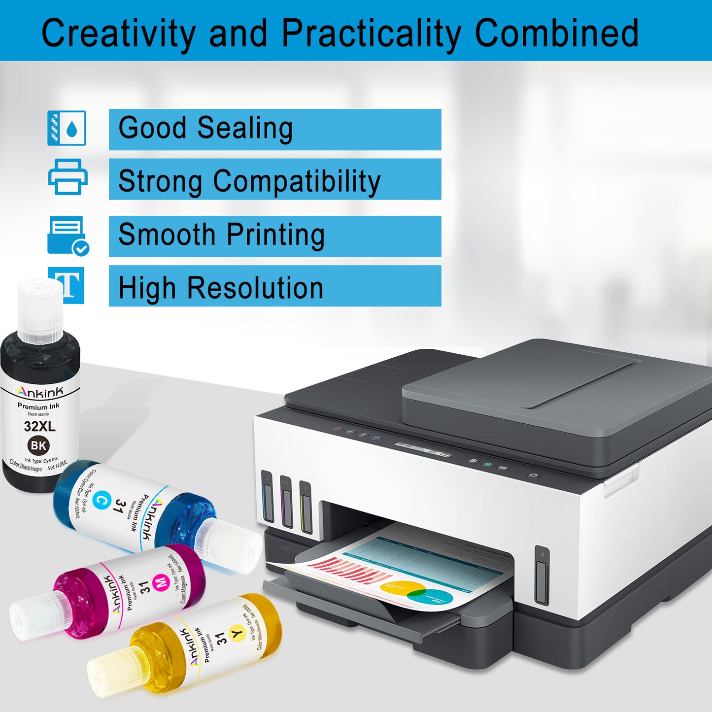 ANKINK Compatible HP 31 32XL Combo Pack Ink Bottle Set(140ML Black /100ML CMY)4 PACK