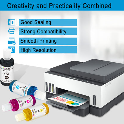 ANKINK Compatible HP 31 32XL Combo Pack Ink Bottle Set(140ML Black /100ML CMY)4 PACK