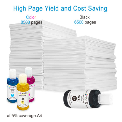 ANKINK Compatible HP 31 32XL Combo Pack Ink Bottle Set(140ML Black /70ML CMY)4 PACK