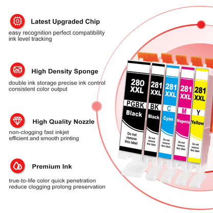 ANKINK compatible Canon PGI-280XL CLI-281XL Black Color Combo Ink Cartridges, 5 PACK