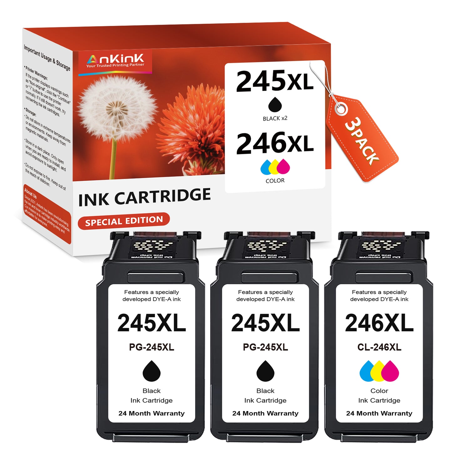 ANKINK Compatible Canon 245XL 246XL Black Color Combo Pack Ink Cartridges 3 PACK