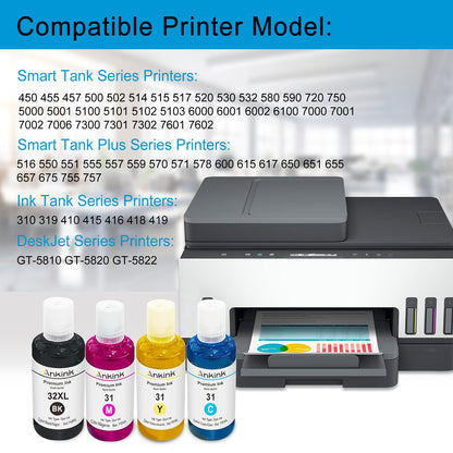 ANKINK Compatible HP 31 32XL Combo Pack Ink Bottle Set(140ML Black /70ML CMY)4 PACK