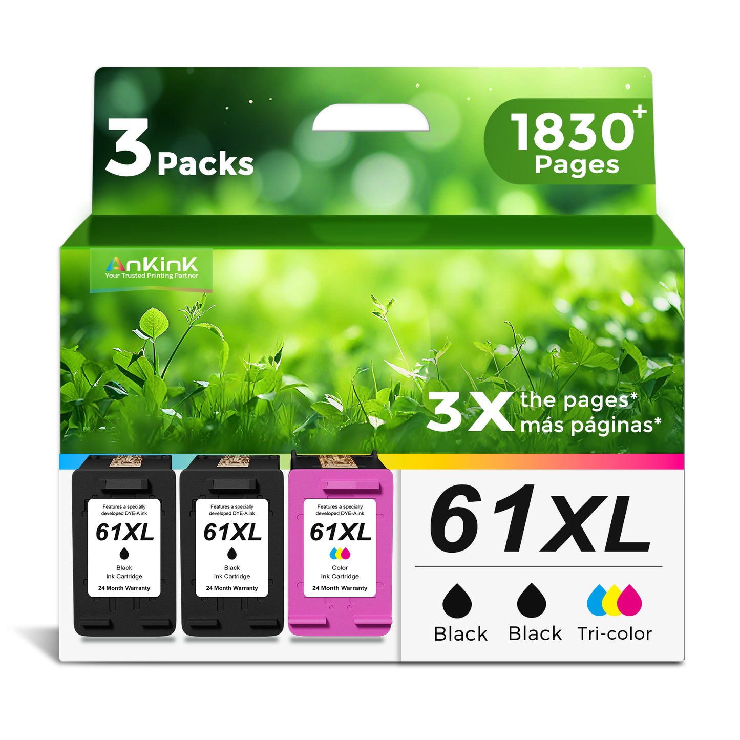 ANKINK Compatible HP 61XL Black Color Combo Pack Ink Cartridges 3 PACK