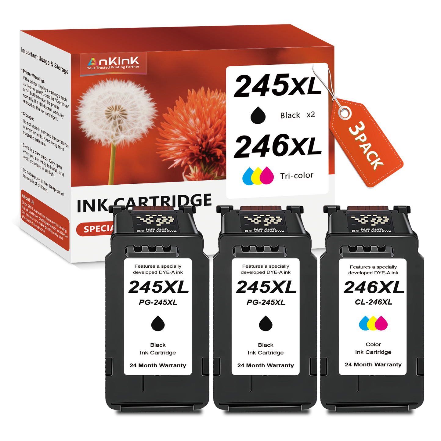 ANKINK Compatible Canon 245XL 246XL Black Color Combo Pack Ink Cartridges 3 PACK