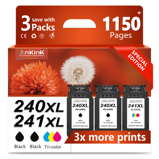 ANKINK 240 241 Black Tricolor Ink Cartridges Combo Pack Replacement for Canon 240 241 240XL241XL PG-240 XL CL-241 XL Ink Cartridge,3-Pack