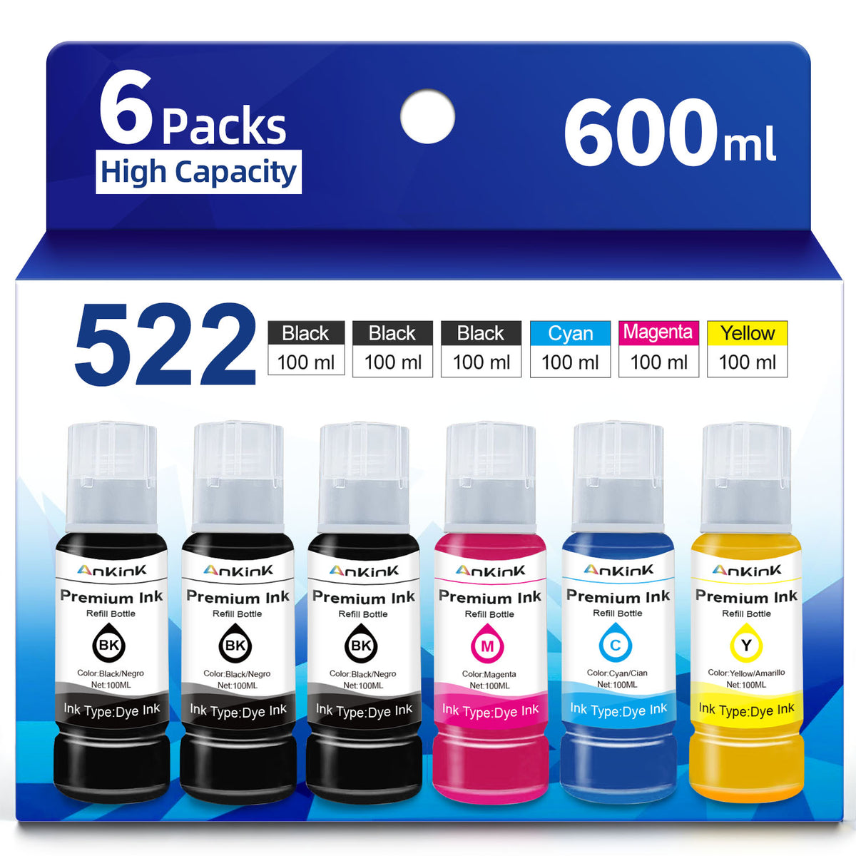ANKINK T522 Ink Refill Bottles Replacement for 522 Refill Ink Bottle，6 PACK
