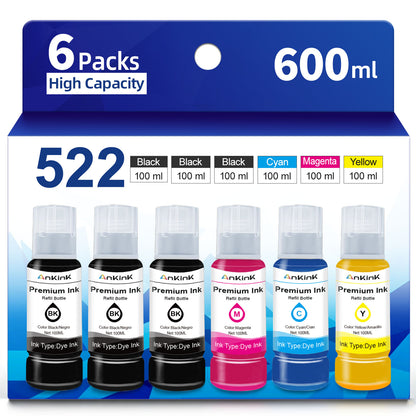 ANKINK T522 Ink Refill Bottles Replacement for 522 Refill Ink Bottle，6 PACK