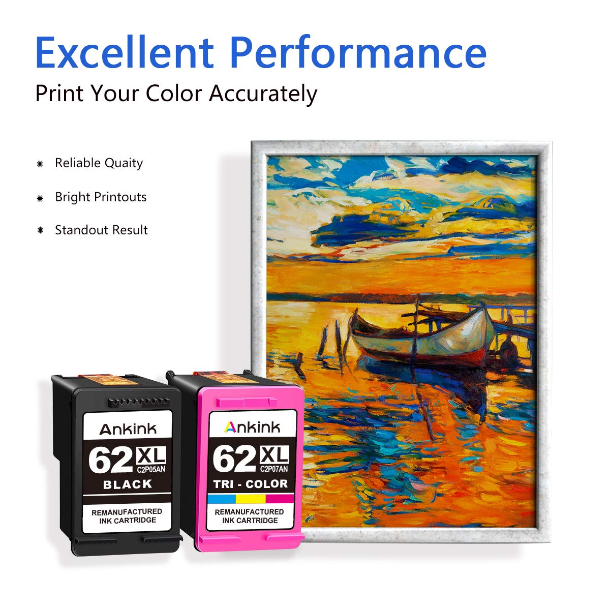 ANKINK compatible HP 62 XL Black Color Combo Ink Cartridges, 2 PACK