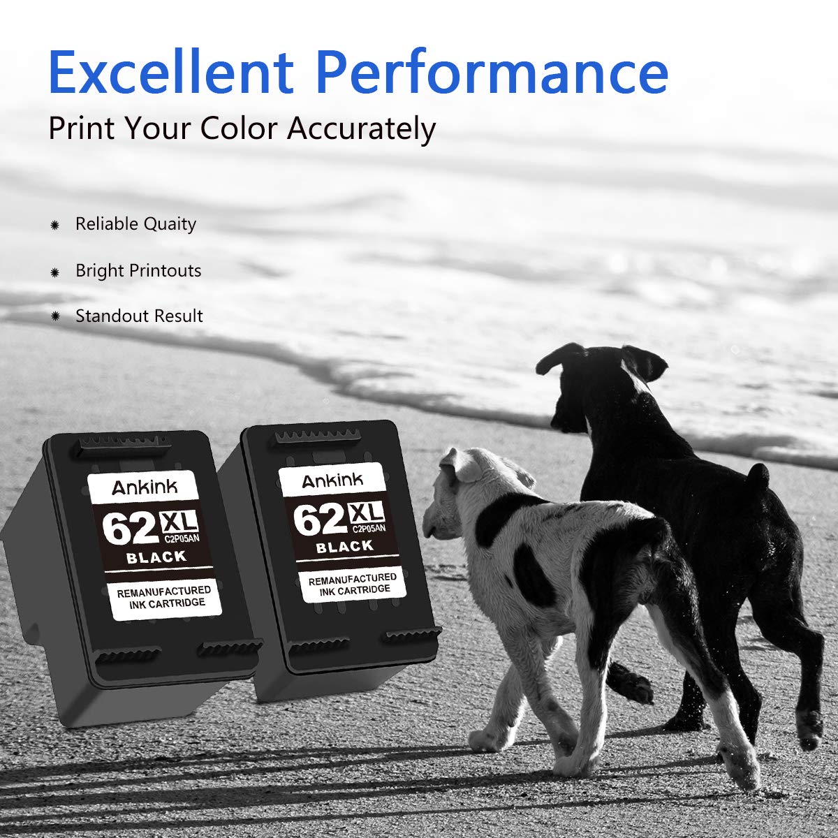 ANKINK compatible HP 62 XL Black Cartridges, 2 PACK